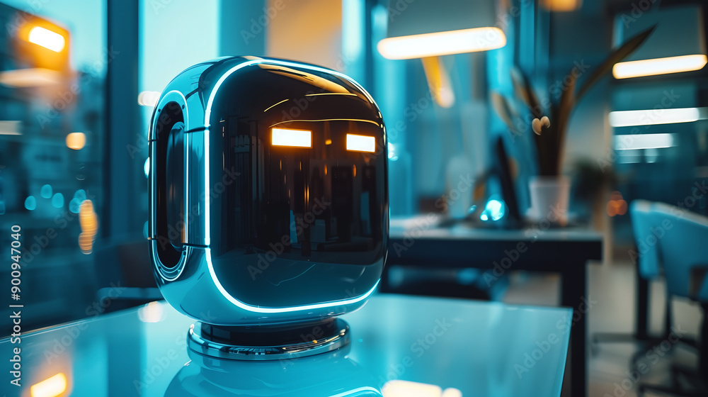 Aufkleber sleek ai powered robot with glowing lights sits on a desk in a modern office symbolizing advanced te