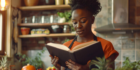 african woman in an orange shirt and black apron stands in her kitchen, reading a cookbook while smiling.