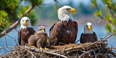 bald eagle in nest with three eaglets Generative AI