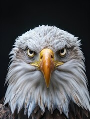 Obraz premium A close-up view of a bald eagle's face, with distinctive white head and yellow beak