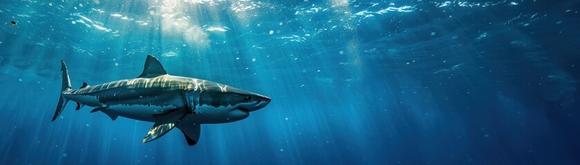 Fototapeta premium Majestic Great White Shark Swimming in the Deep Blue Ocean with Sunlight Filtering Through Water