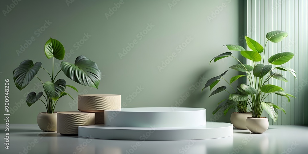 Aufkleber isolated of modern product display with empty podium and green leaves ai-generated content