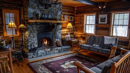 Fototapeta premium Cozy Cabin Interior with Fireplace and Rustic Furniture