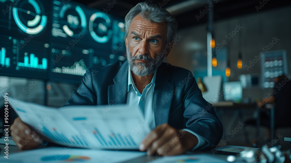 Poster business man investor analyzing financial documents with digital charts and data displayed on screen