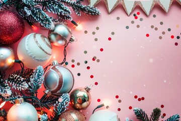 Colorful Christmas ornaments with festive lights and confetti on a pink background, perfect for holiday celebrations.