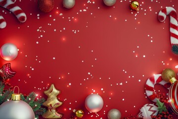 Colorful Christmas decorations on a vibrant red background with sparkling confetti