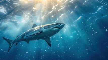 Fototapeta premium Majestic Great White Shark Swimming Underwater with Sunlight Filtering Through the Ocean Surface