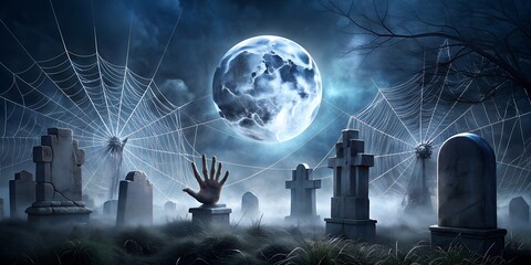 Cobweb-covered tombstones rise from the darkness like skeletal fingers