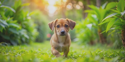Little brown dog playing in lush green garden AI-Generated Content, garden, puppy, fun, nature