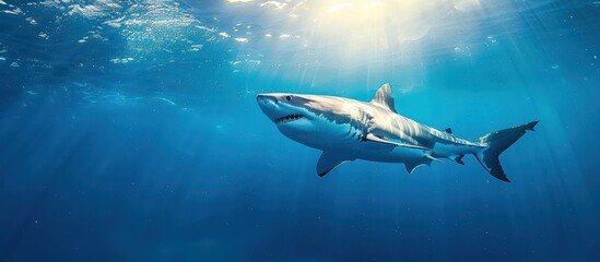 Naklejka premium Majestic Great White Shark Swimming in Clear Blue Ocean Waters Under Sunlight