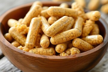 Fototapeta premium A wooden bowl filled with yellow capsules containing granular substances, suggesting a natural supplement or vitamin.