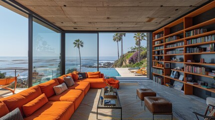 Modern living room with panoramic ocean view, bright orange sofa, large windows, and stylish wooden bookshelves.