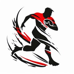 Rugby Player Running with Ball in Red and Black Silhouette