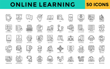 Online learning icons set with book, webinar, chat, smart, tutorial, exam, elearning, videocall, instructor, online fitness icon. Simple line vector 
