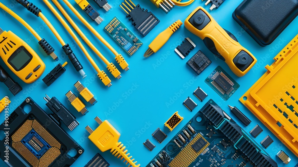 Poster flat lay featuring a variety of telecommunications components like rj45 connectors patch cables and 