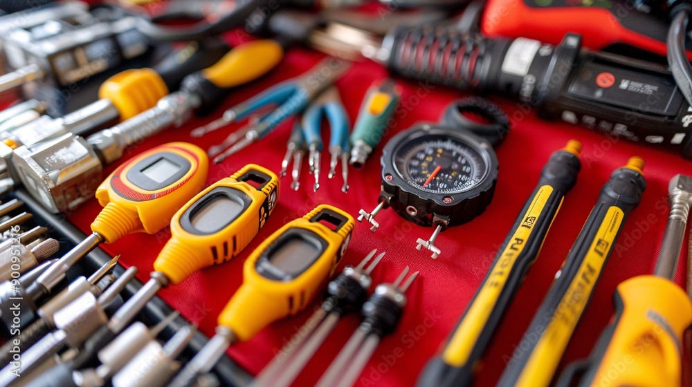 Poster Neatly organized telecommunications tools including a network tester crimping tools and various cables Stock Photo with copy space
