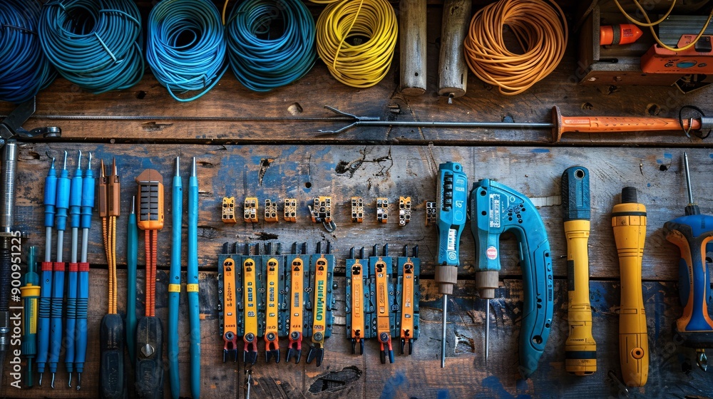 Poster top view of essential tools for telecommunications work such as a fiber optic cleaver keystone jacks