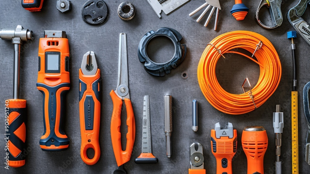 Poster Neatly organized telecommunications tools including a network tester crimping tools and various cables Stock Photo with copy space