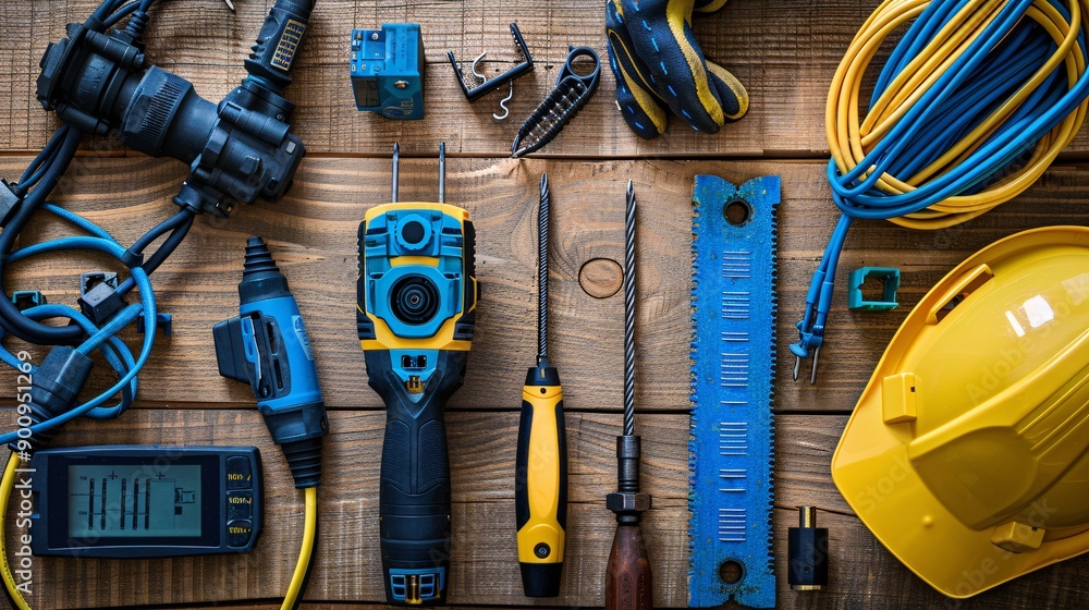 Poster Top view of telecommunications work essentials including a fusion splicer keystone jacks and a network tester Stock Photo with copy space