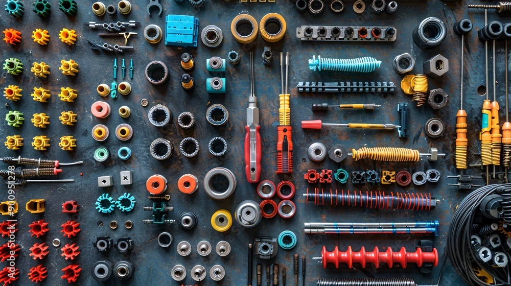 Poster top view of telecommunications work essentials including a fusion splicer keystone jacks and a netwo