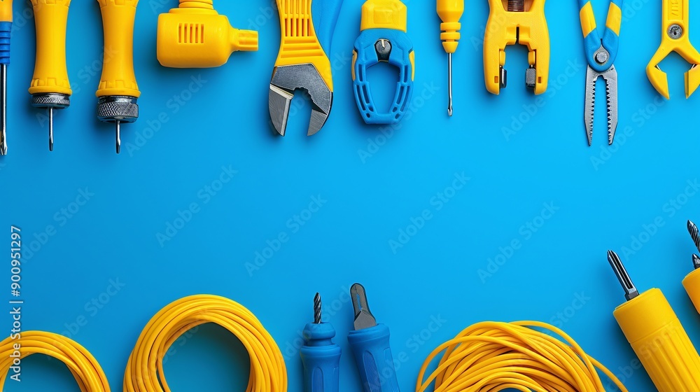 Poster a well-organized flat lay of telecommunications hand tools including crimping tools patch cords and 
