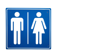 Blue restroom sign with male and female figures, indicating the location of restrooms in a public place.