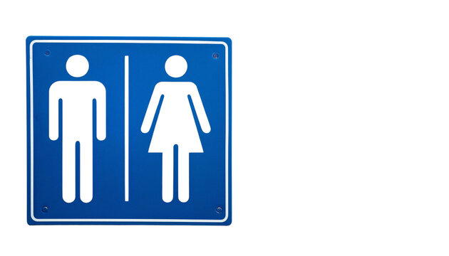Blue restroom sign with male and female figures, indicating the location of restrooms in a public place.