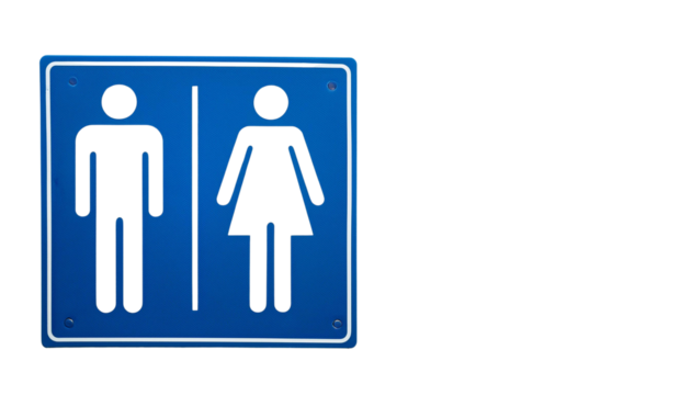 Blue restroom sign with male and female figures, indicating the location of restrooms in a public place.