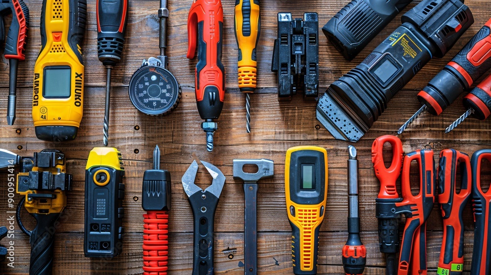 Poster Flat lay featuring a variety of telecommunications components like tone generators patch cables and a cable tester Stock Photo with copy space