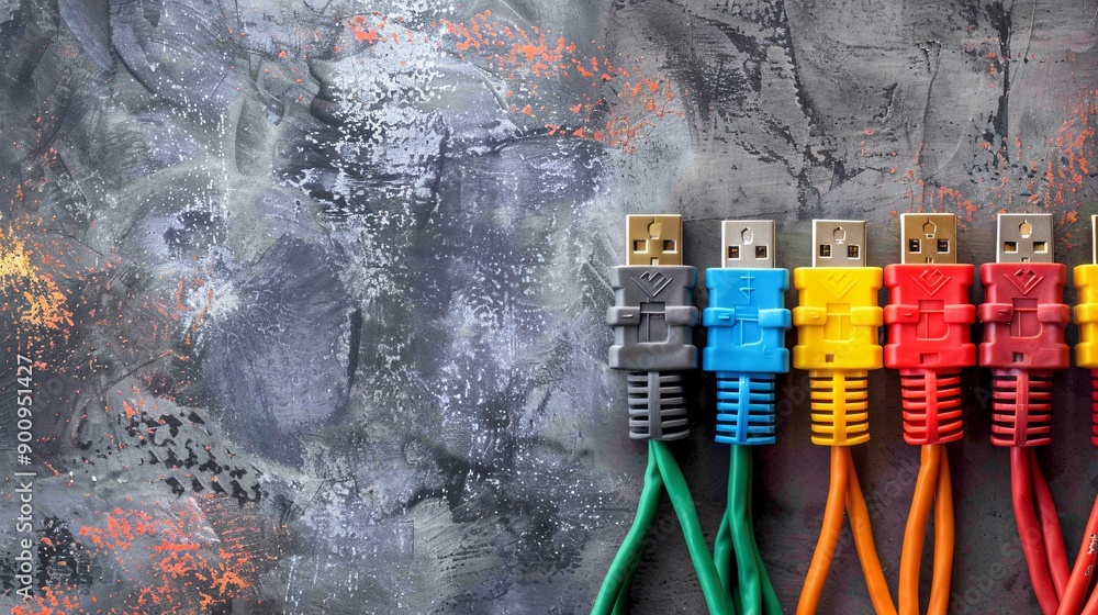 Poster comprehensive flat lay featuring a patch panel rj45 connectors and various network cables stock phot
