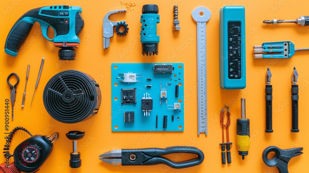 Poster a flat lay of essential telecommunications tools like crimping tools network testers and patch cords