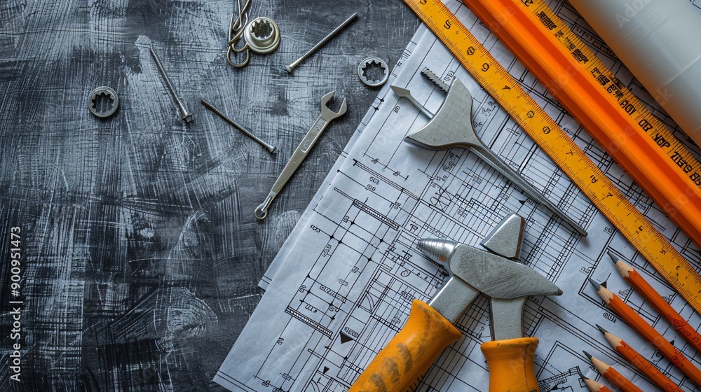 Poster a flat lay of construction tools including hammers nails screws and measuring tape with blueprints s