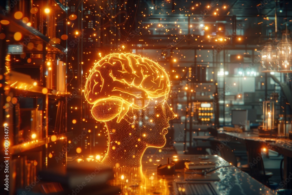 Poster futuristic digital illustration of a head with glowing neural connections symbolizing cognitive proc