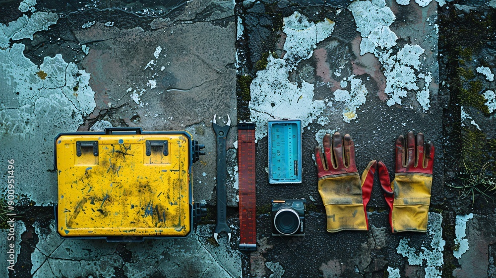 Poster top view of construction essentials including a spirit level gloves and a toolbox stock photo with c