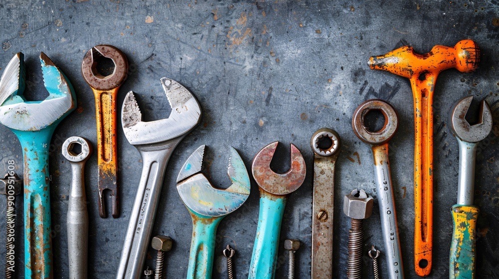 Aufkleber flat lay arrangement of construction hand tools like hammers wrenches and pliers with assorted screw