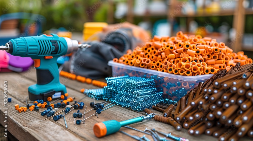 Poster tools and materials for construction work including a power drill level and a box of screws stock ph