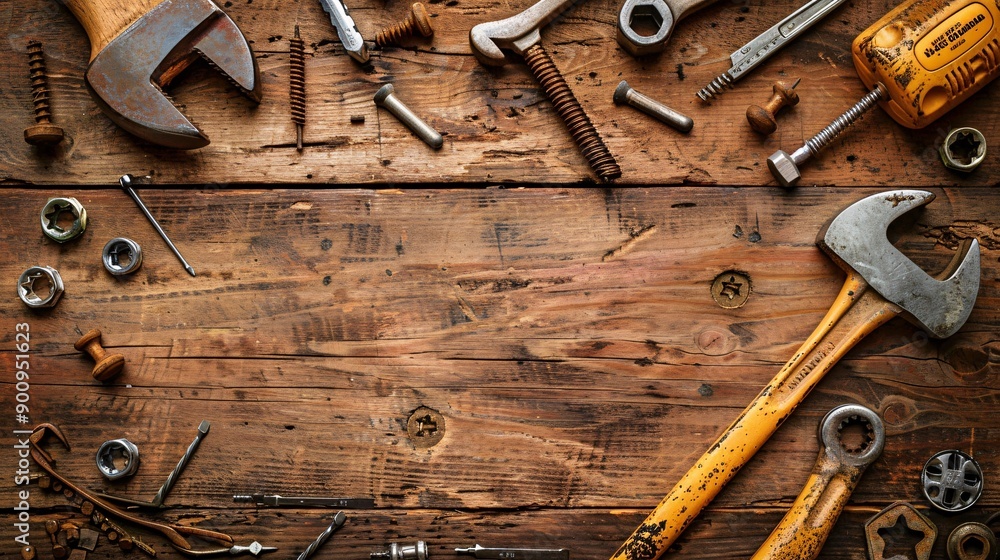 Poster Flat lay arrangement of construction hand tools like hammers wrenches and pliers with assorted screws and nails Stock Photo with copy space