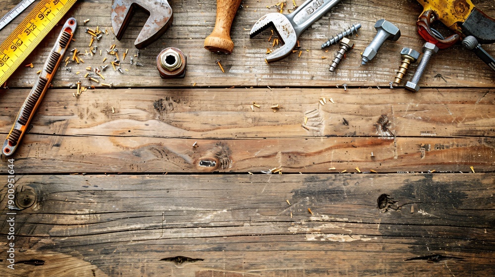 Poster a well-organized flat lay of construction tools including a spirit level measuring tape and various 