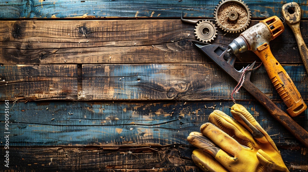 Aufkleber Top view of essential tools for construction work such as a circular saw hammer and a set of safety gloves Stock Photo with copy space
