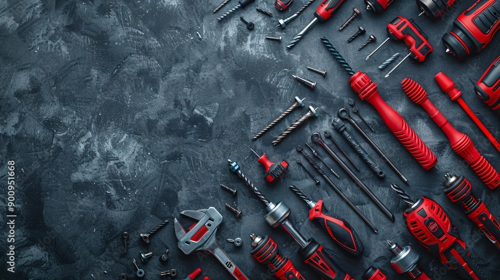 Aufkleber flat lay featuring a variety of construction components like nails screws and a set of drill bits st