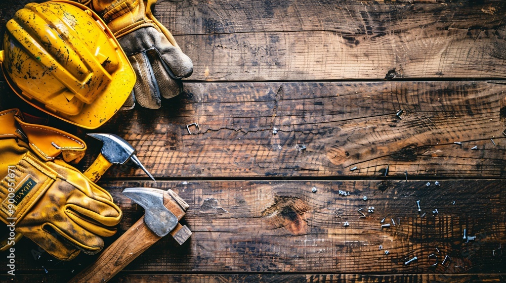 Poster Top view of essential tools for construction work such as a circular saw hammer and a set of safety gloves Stock Photo with copy space
