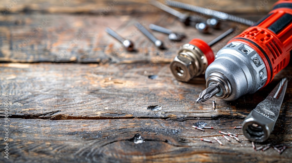 Poster neatly organized construction tools including a power drill saw and a range of nails and screws stoc