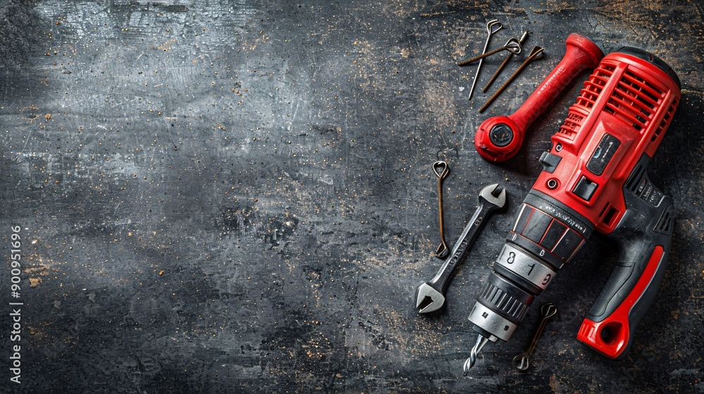 Poster neatly organized construction tools including a power drill saw and a range of nails and screws stoc