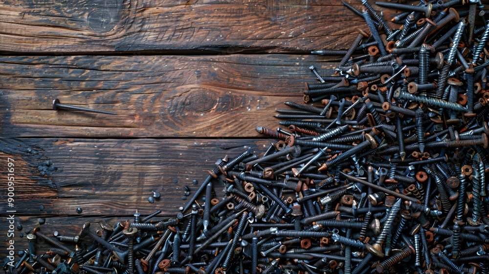 Aufkleber flat lay featuring a variety of construction components like nails screws and a set of drill bits st