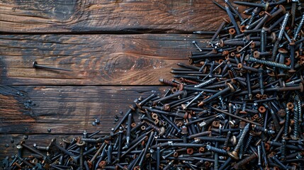 Fototapeta premium Flat lay featuring a variety of construction components like nails screws and a set of drill bits Stock Photo with copy space