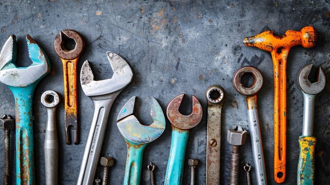 Flat lay arrangement of construction hand tools like hammers wrenches and pliers with assorted screws and nails Stock Photo with copy space