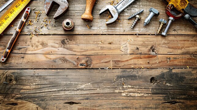 A well-organized flat lay of construction tools including a spirit level measuring tape and various screws and nails Stock Photo with copy space