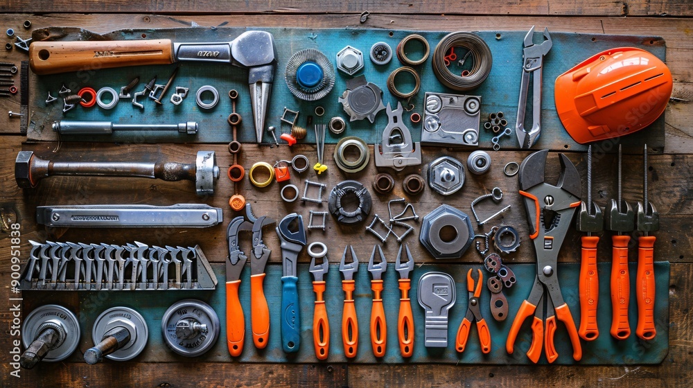 Poster a well-organized flat lay of construction hand tools including hammers wrenches and pliers with vari