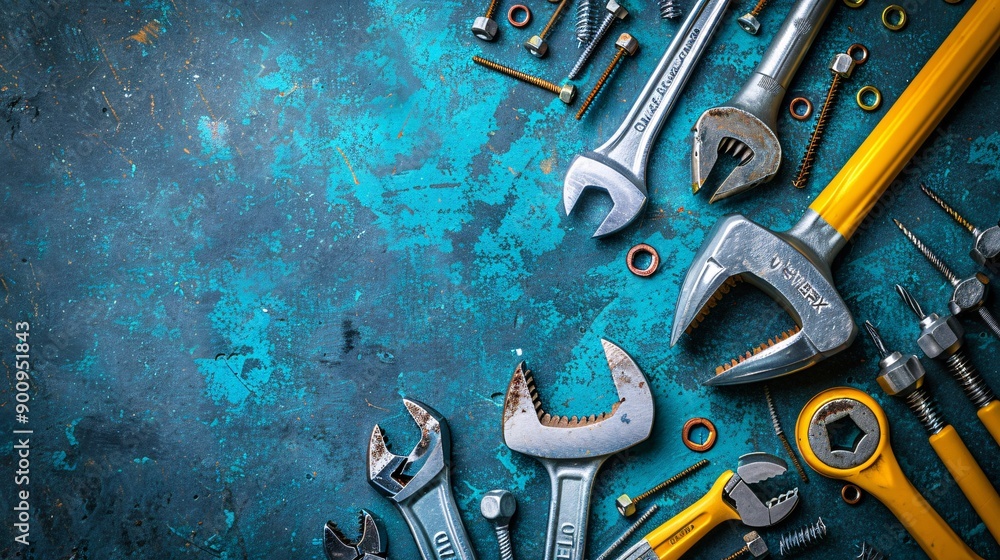 Poster a well-organized flat lay of construction hand tools including hammers wrenches and pliers with vari