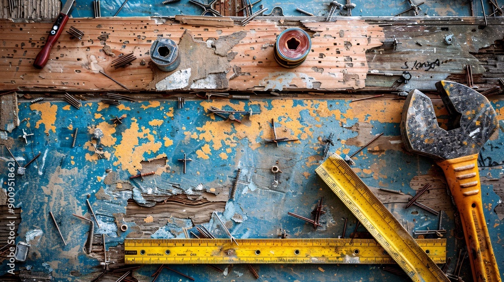 Poster essential tools for construction work laid out in a flat lay including a spirit level measuring tape
